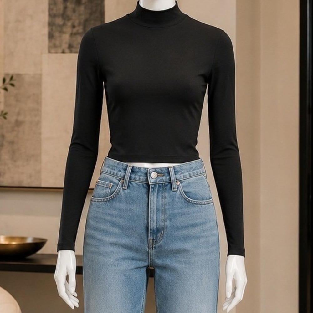 Babaton Womens Mock Neck Long Sleeve Cropped Top Black Medium